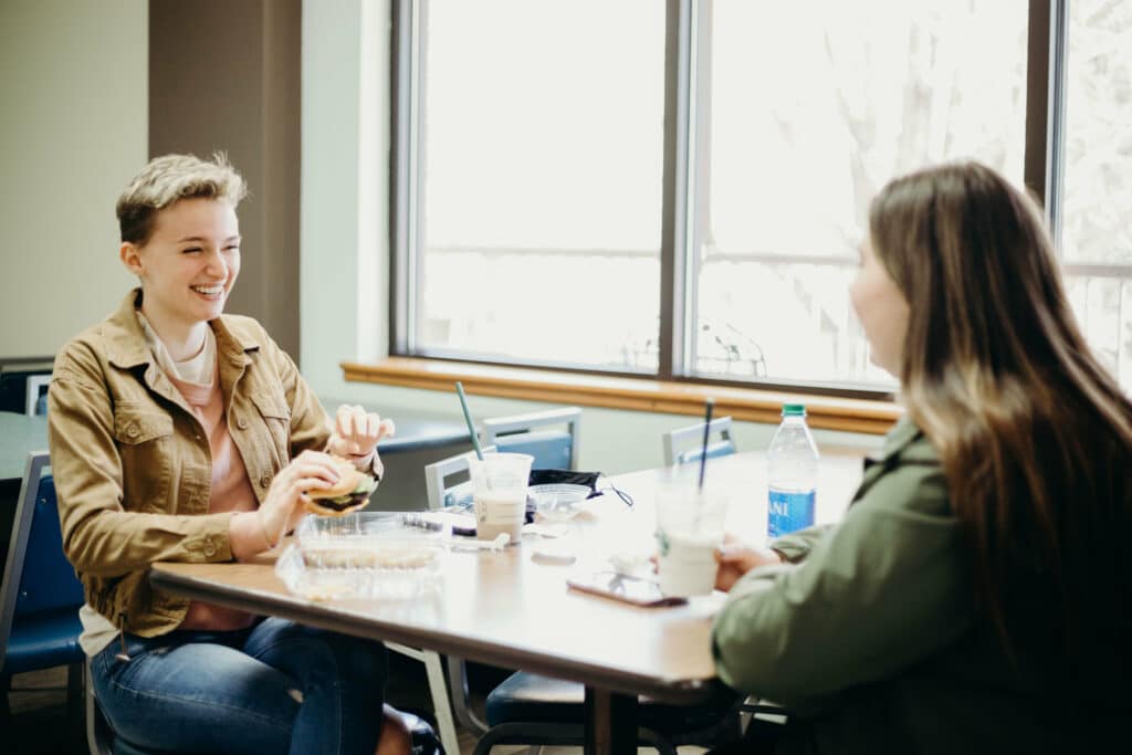 two young women chatting